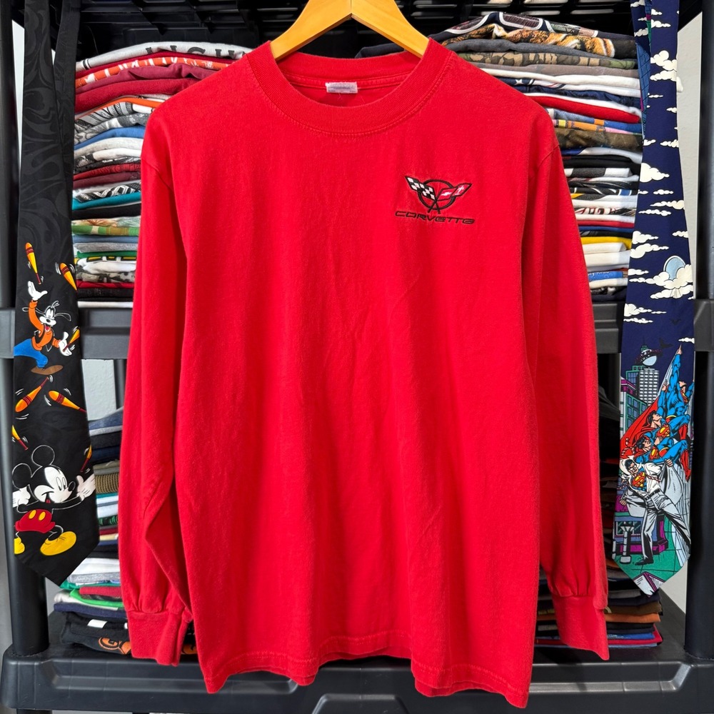 Y2K Red Corvette Embroidered Long Sleeve Graphic Tee Large